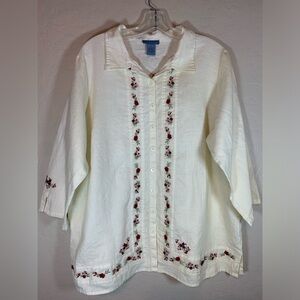 Style Du Monde 3/4 Sleeve Floral Embroidered Linen‎ Shirt 1X 0042